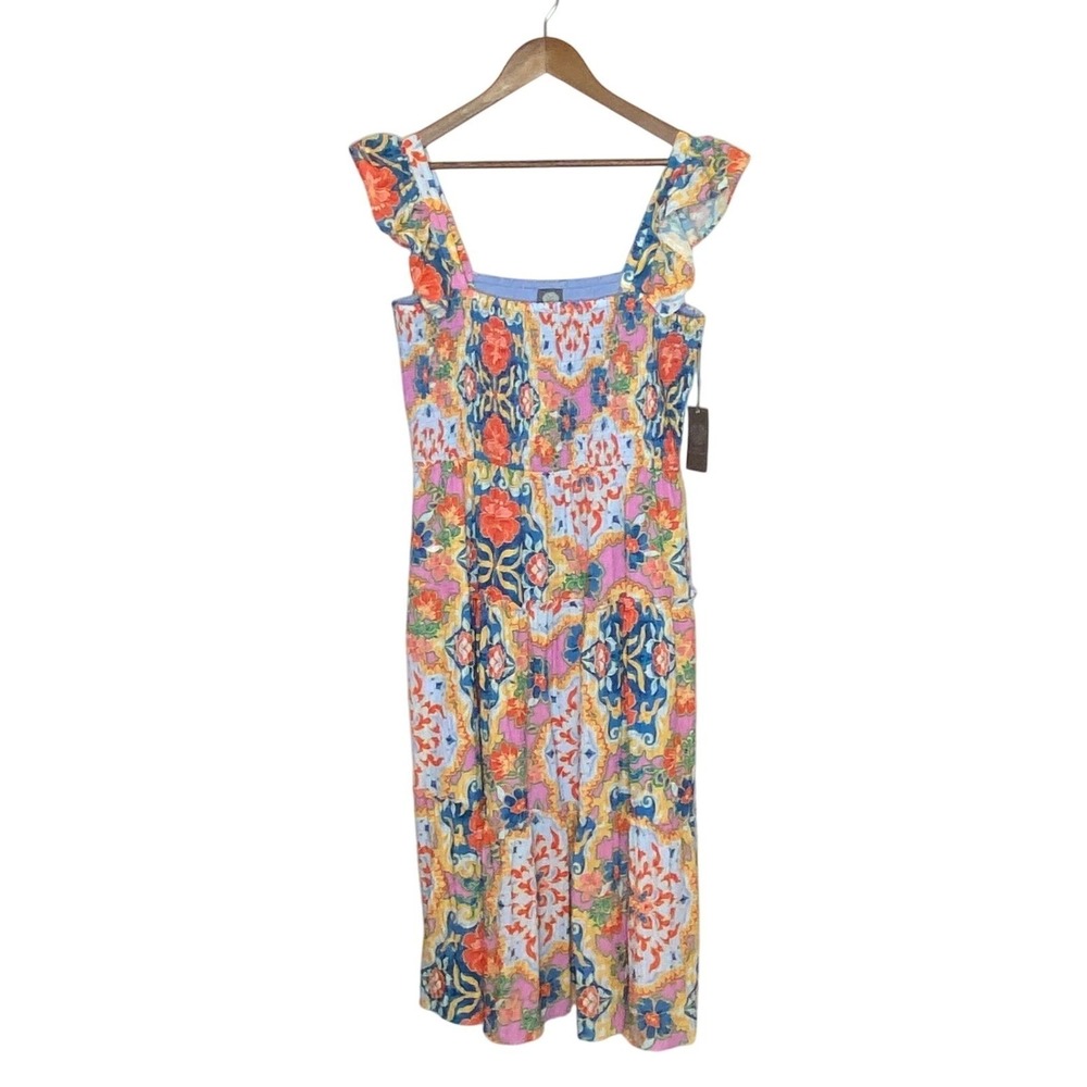 Vince Camuto Womens Floral Smocked Tiered Midi Dress XL Boho Resort Vacation NWT